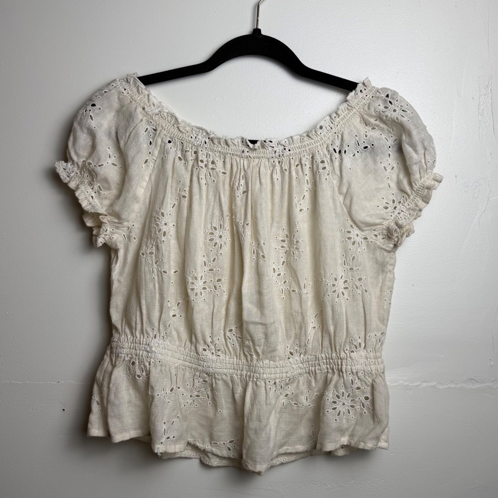 Free People Cream Eyelet Embroidery Peasant Blouse Cottagecore Puff Sleeve Top M